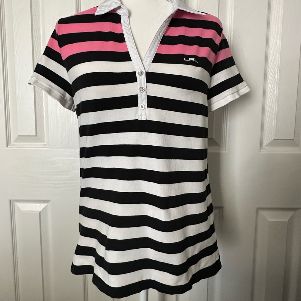 Lauren Ralph Lauren striped cotton polo 
size L
black, pink & white